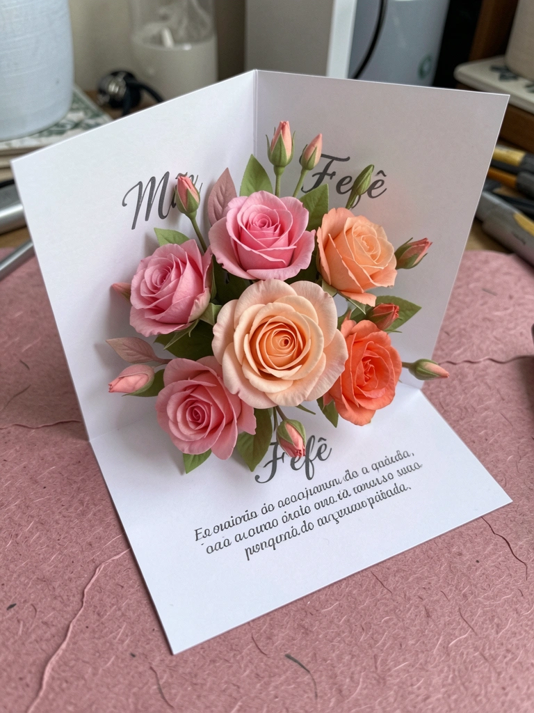 Cartão pop-up aberto com flores tridimensionais em tons pastel sobre fundo claro.