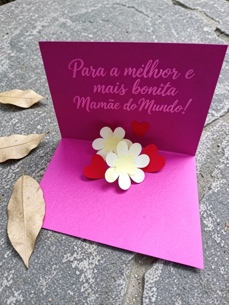 Cartão pop-up aberto em formato de flor, com cores vibrantes e detalhes em papel recortado.