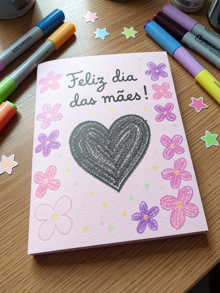 Papel cartão colorido, canetinhas e adesivos sobre uma mesa de madeira.