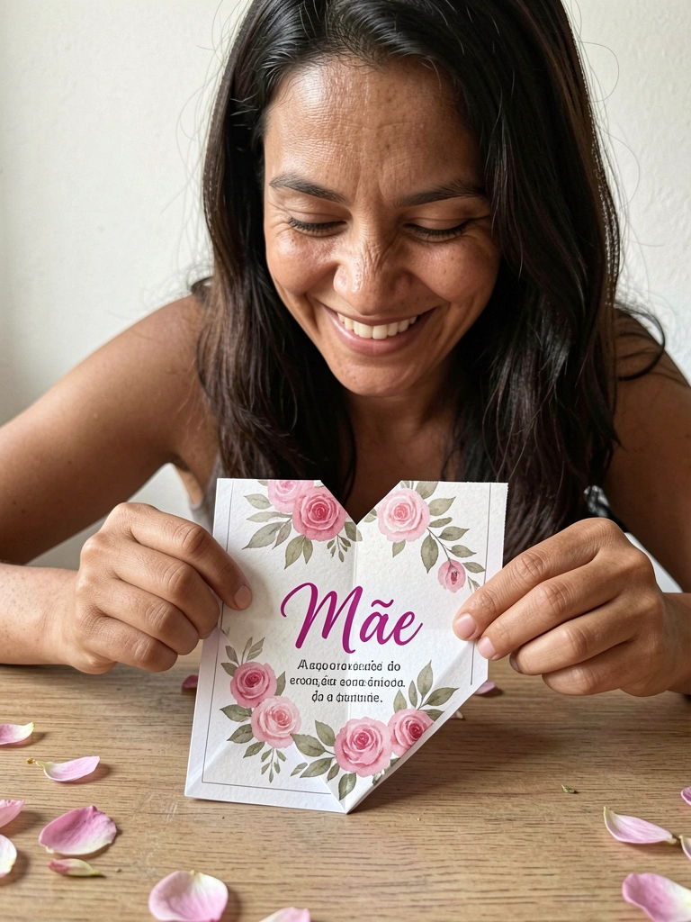 Mãos segurando um coração de papel vermelho sobre uma mesa de madeira.