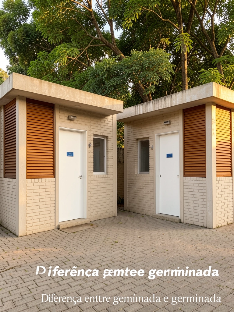 Luz natural incide sobre duas estruturas gêmeas de concreto bege com persianas de madeira e portas brancas, árvores ao fundo.