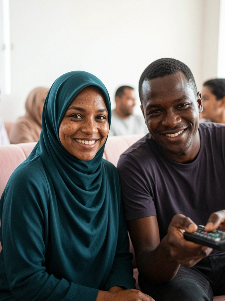 Dois jovens sorrindo lado a lado, com uma família ao fundo em ambiente informal.