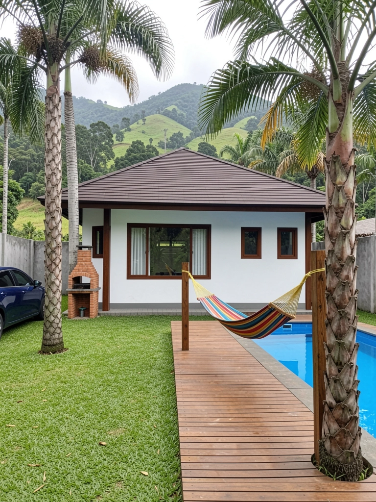 Rede colorida pendurada em varanda com vista para montanhas ao fundo.