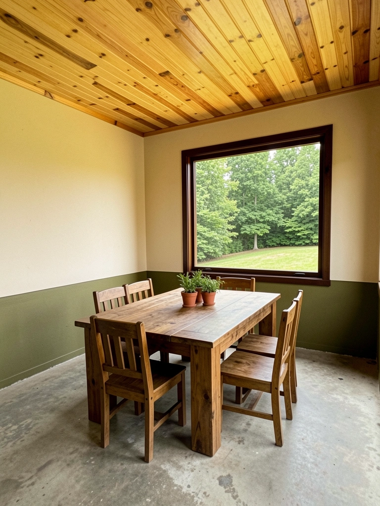 Conjunto de mesa e cadeiras de madeira maciça em varanda com vista para área externa.