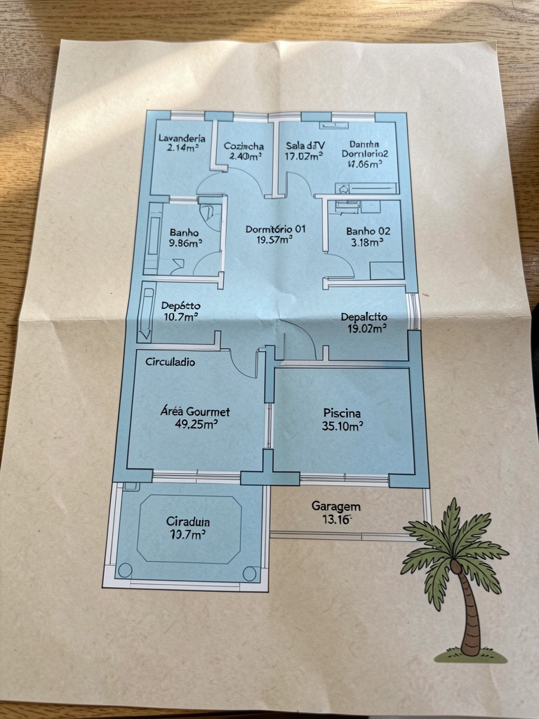 Planta baixa de casa de sítio com varanda frontal, quartos e sala integrados.