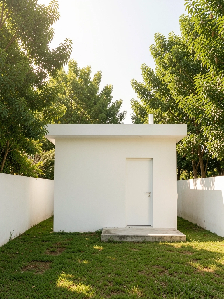 Casa branca minimalista com porta e muro baixo de concreto, gramado verde e árvores sob céu azul ensolarado.