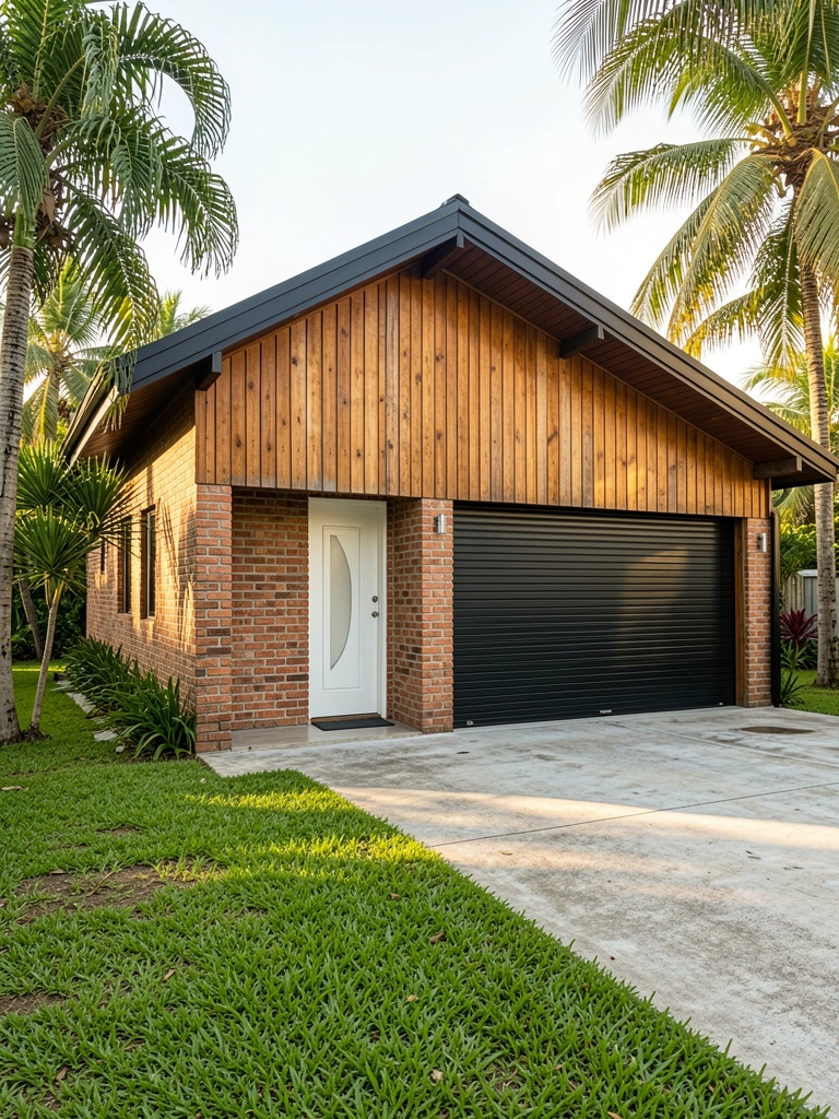 Fachada de tijolos aparentes com porta branca e porta de garagem preta, telhado preto moderno e gramado verde sob luz natural.