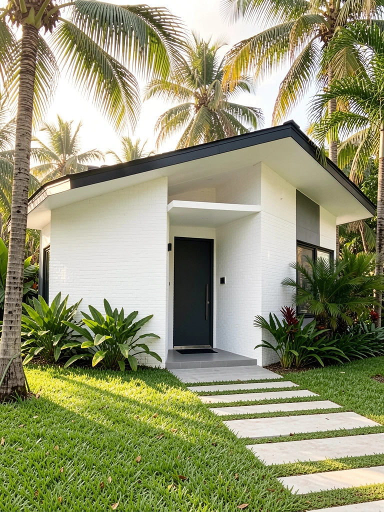 Casa branca e cinza com porta escura e telhado em balanço, cercada por grama, palmeiras e folhagens tropicais sob luz natural.