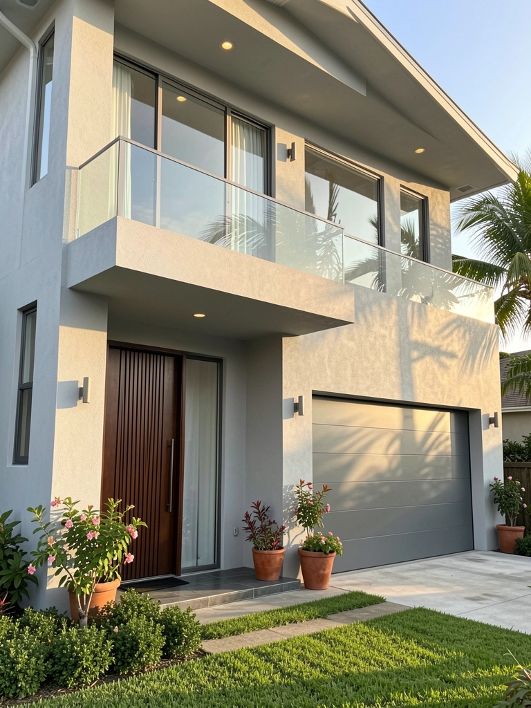 Casa moderna de dois andares com fachada de estuque cinza claro, porta de madeira escura com ripas verticais e jardim com vasos de terracota sob luz natural.