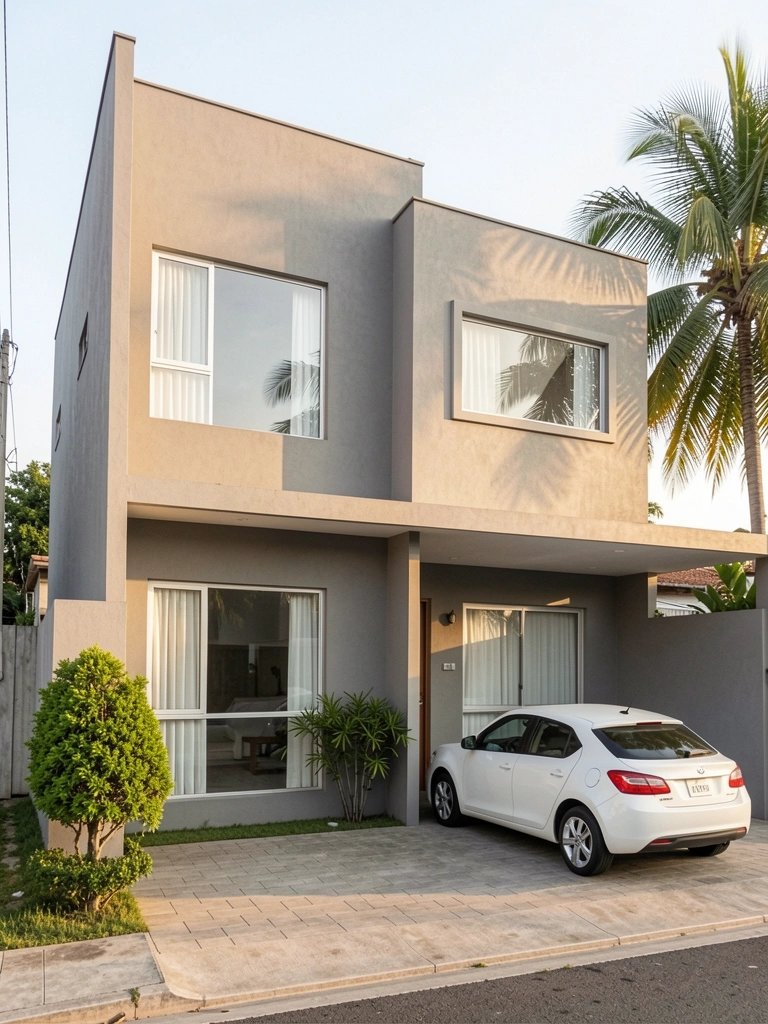 Fachada cinza de casa moderna com janelas retangulares, carro branco na garagem e palmeira ao fundo sob luz natural.