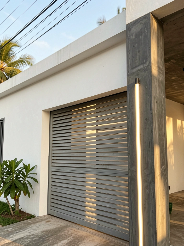 Garagem de concreto cinza com portão de lâminas horizontais e LED vertical, parede de estuque branco e vaso com planta verde à esquerda.