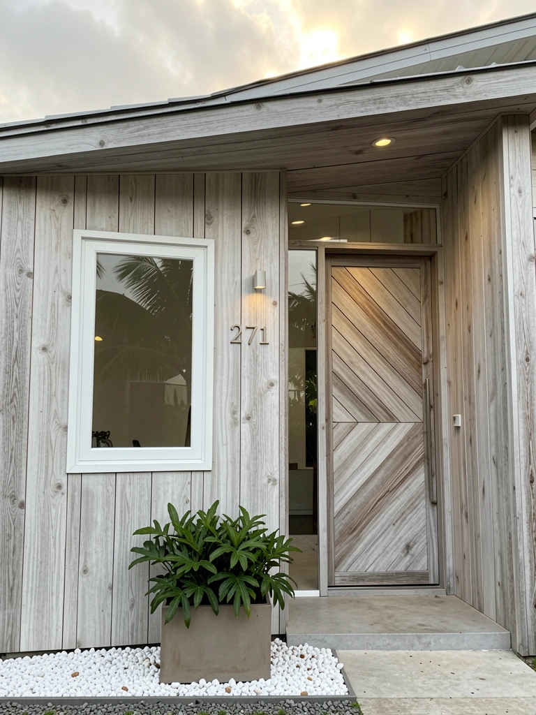 Fachada de madeira cinza claro com vidro, entrada com número 271 e vaso verde, luz natural suave.