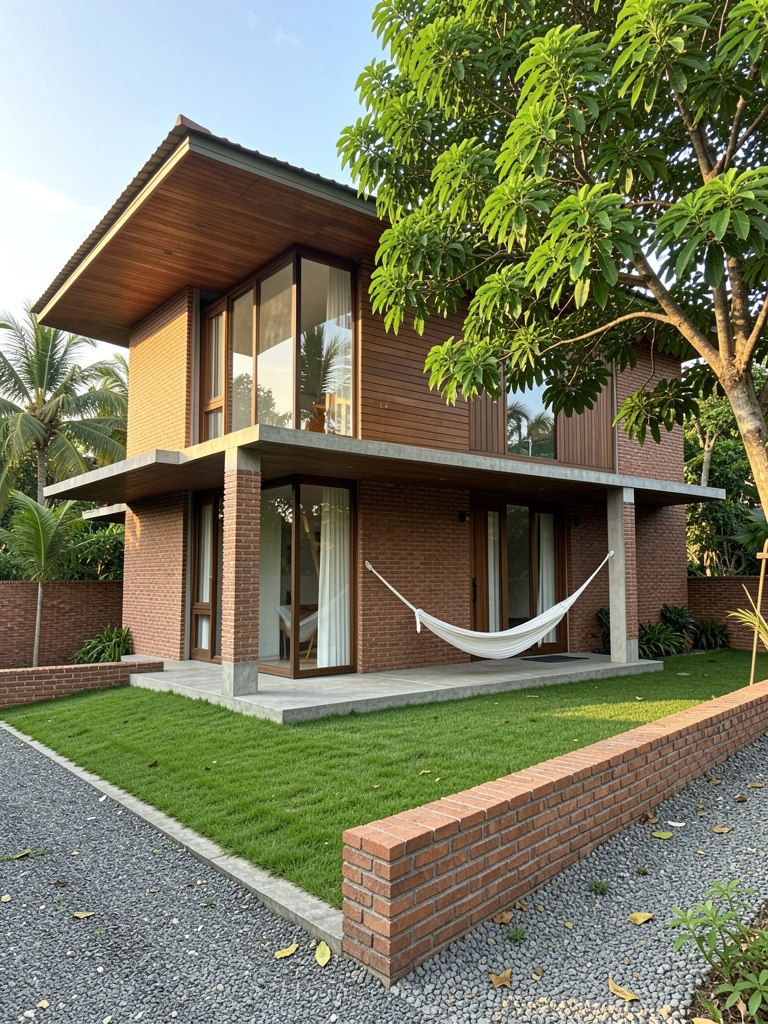 Brick facade, wooden accents, cantilevered roof, expansive windows, white hammock on concrete porch, lush lawn, gravel driveway, mature tree, warm daylight.