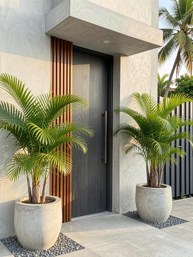 Fachada de concreto cinza claro com porta de madeira escura e painel de ripas verticais, duas palmeiras em vasos de concreto e cascalho na base, luz natural.