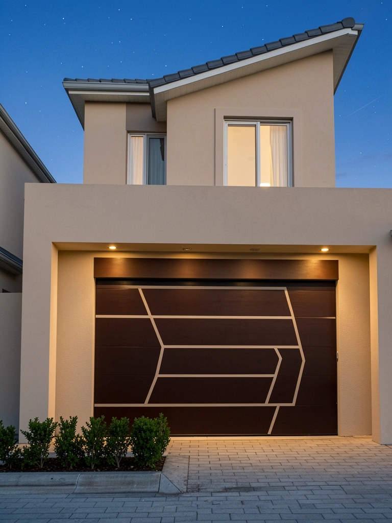 Casa moderna de fachada bege claro com porta de garagem marrom escuro, iluminada por luzes embutidas. Céu azul escuro com estrelas e calçada de pavers cinza.