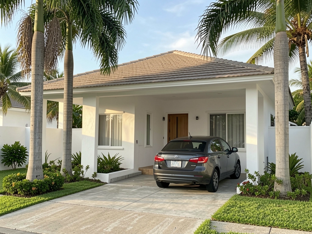 Casa branca com telhado de cerâmica, carro cinza escuro estacionado sob garagem coberta, palmeiras e gramado verde sob luz natural.
