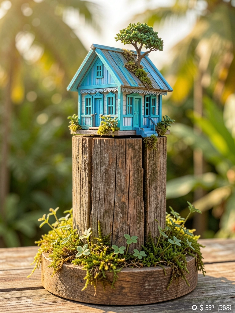 Miniatura de casa de madeira azul e turquesa sobre pilar rústico, musgo e plantas crescendo ao redor, luz natural do dia.