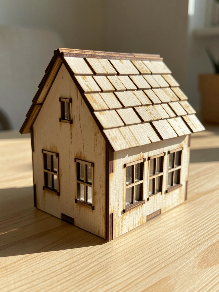 Maquete de casa de madeira com telhado de escamas, seis janelinhas de vidro e grão aparente, sobre superfície clara com luz natural.