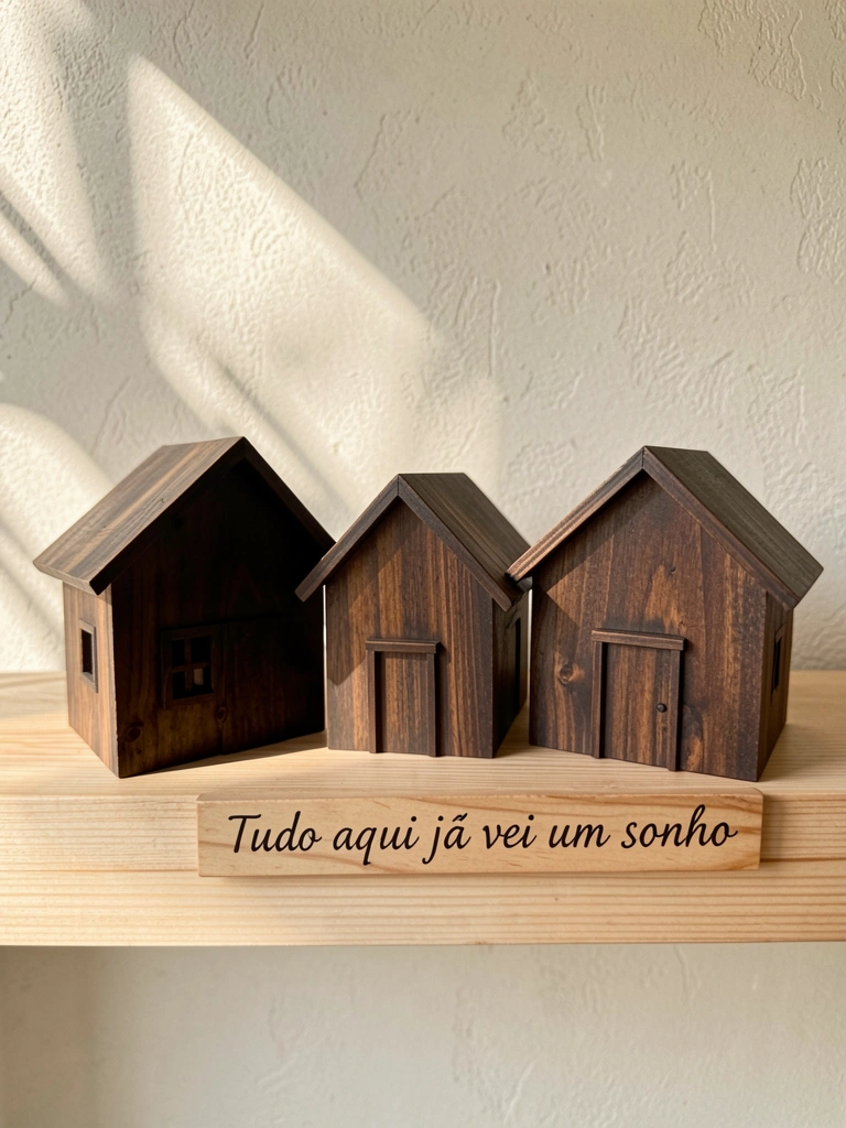 Três casas rústicas de madeira escura com acabamento natural em óleo sobre prateleira clara, luz natural filtrada por parede texturizada, placa com frase 