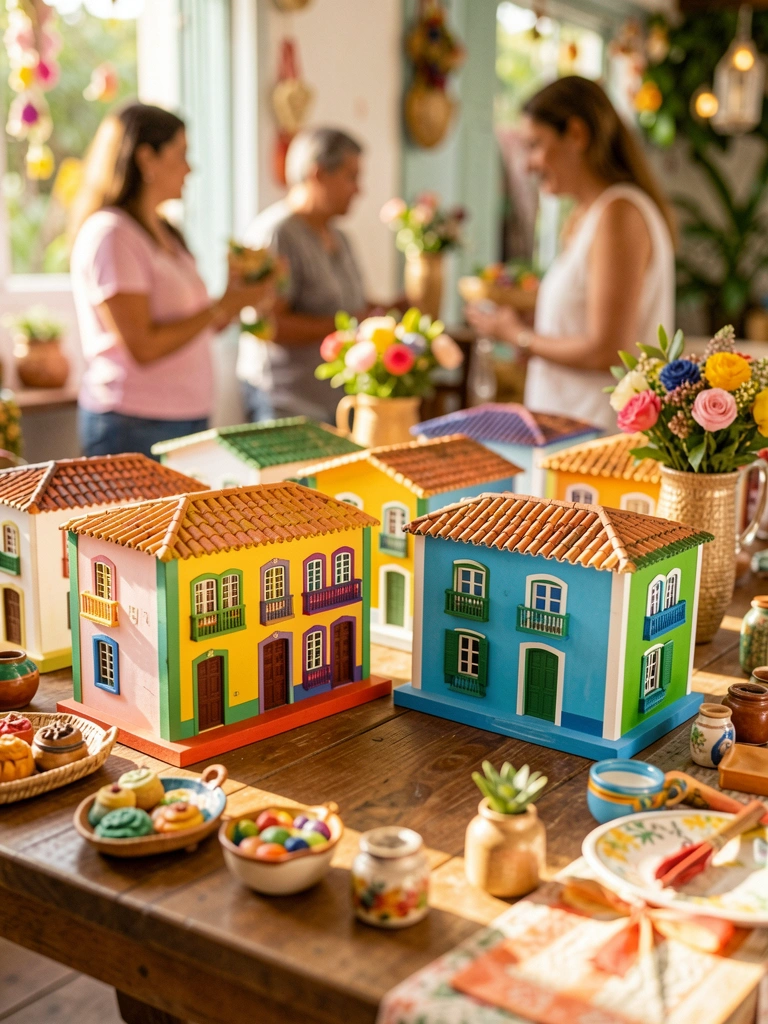 Minicasa colorida com fachada colonial brasileira, detalhes artesanais e figuras desfocadas ao fundo, luz natural do dia.