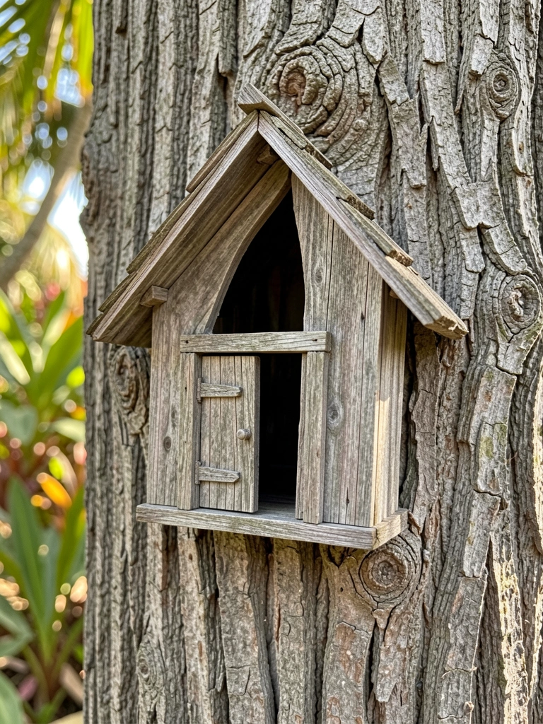 Miniatura de casa de madeira encaixada na casca de uma árvore, com porta e telhado torto, luz natural filtrada por folhas ao fundo.