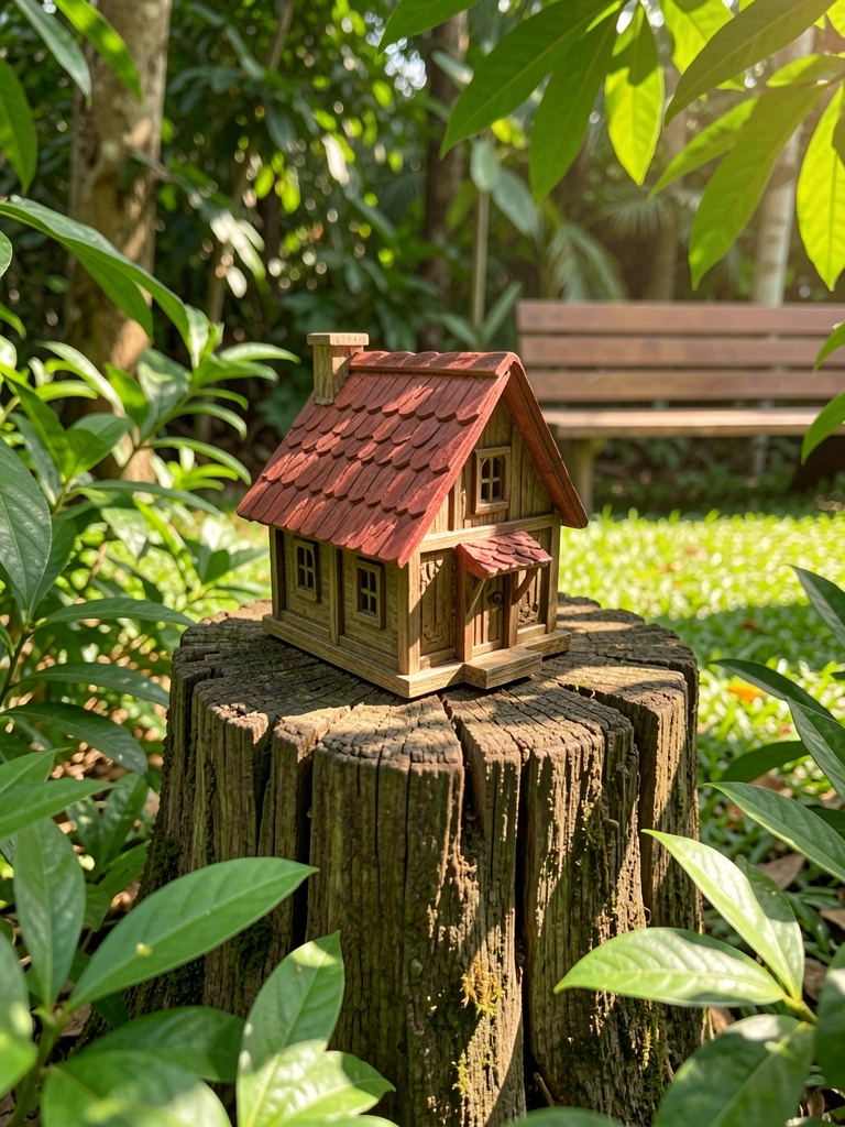 Miniatura de casa de madeira com telhado marrom-avermelhado sobre toco de árvore, luz solar filtrada por folhagens criando sombras pontilhadas.