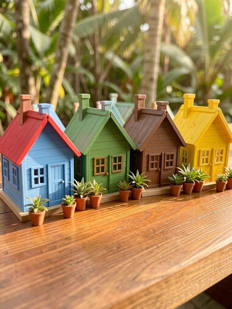 Fileira de mini casas de madeira coloridas sobre mesa de madeira, com vasos de plantas na frente e luz natural filtrada.
