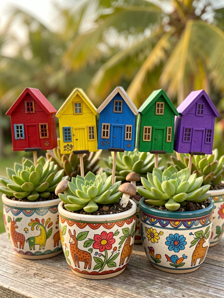 Casinhas de madeira coloridas em palitos sobre vasos de cerâmica com suculentas, luz natural suave e fundo desfocado.