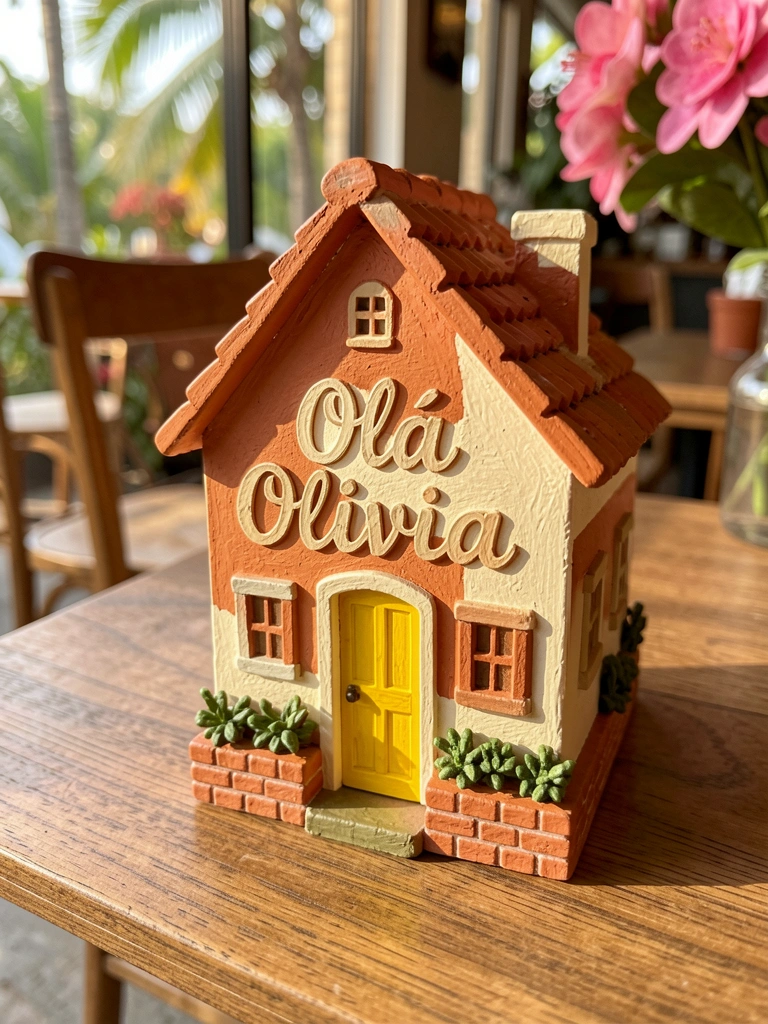 Minicasa de terracota e creme com letreiro 