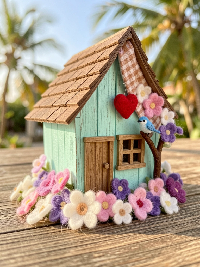 Miniatura de casa turquesa com telhado marrom, coração vermelho e flores de feltro rosa e roxas sobre madeira, luz natural suave.