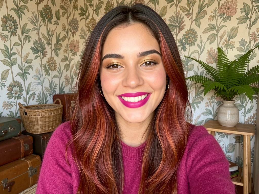 Jovem mulher de cabelo castanho com mechas ruivas e sorriso genuíno, suéter magenta, brincos de argola dourados, fundo com papel de parede botânico e malas antigas, luz natural difusa.