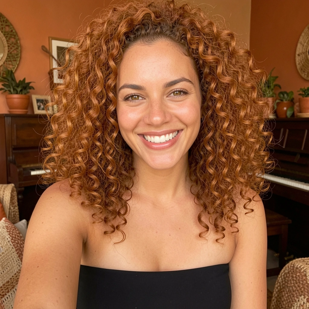 Luz difusa e dourada destaca os cachos volumosos de cabelo castanho-acobreado e os olhos avelã de uma mulher brasileira, com sorriso genuíno, usando regata preta, fundo com parede em tom quente e piano vintage desfocado.