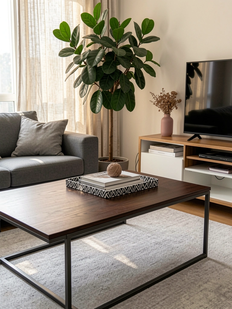 Mesa de centro de madeira escura com bandeja geométrica preta e branca, livros e objeto decorativo; fundo com Ficus, sofá cinza e console de madeira.