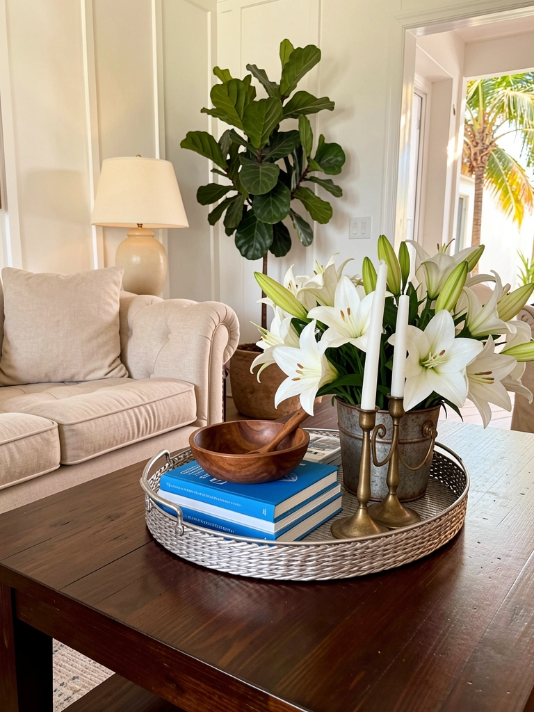 Bandeja de prata tecida sobre mesa de madeira escura com livros azuis e brancos, tigela de madeira e lírios brancos em vaso rústico, castiçal de latão com velas.