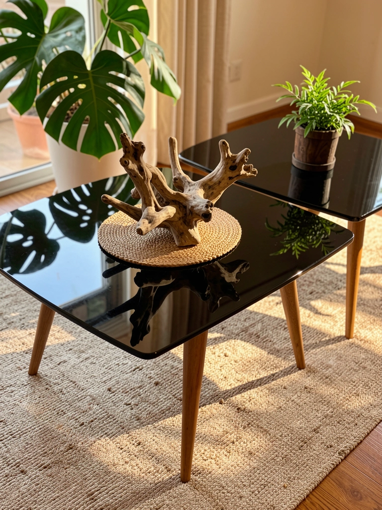 Duas mesas de centro pretas e brilhantes refletem uma Monstera, com uma escultura de driftwood sobre um jogo americano de juta e um vaso escuro com planta.