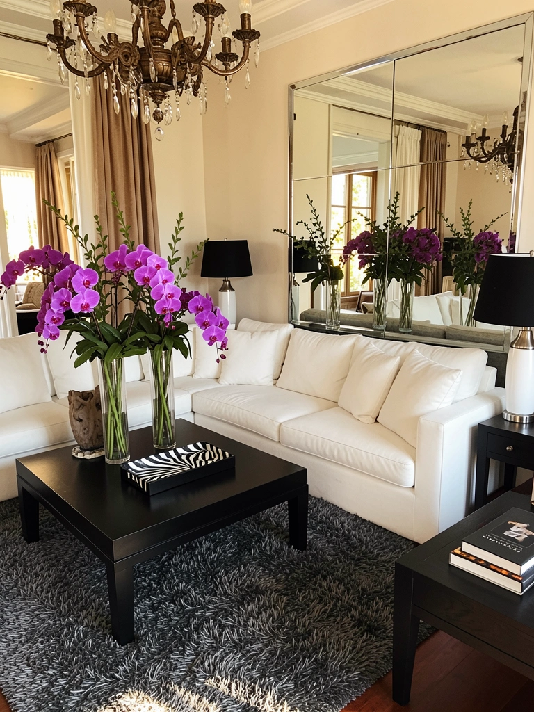 Luz natural incide sobre sofá branco, tapete cinza felpudo e vasos com orquídeas roxas em mesa preta, parede espelhada ao fundo.