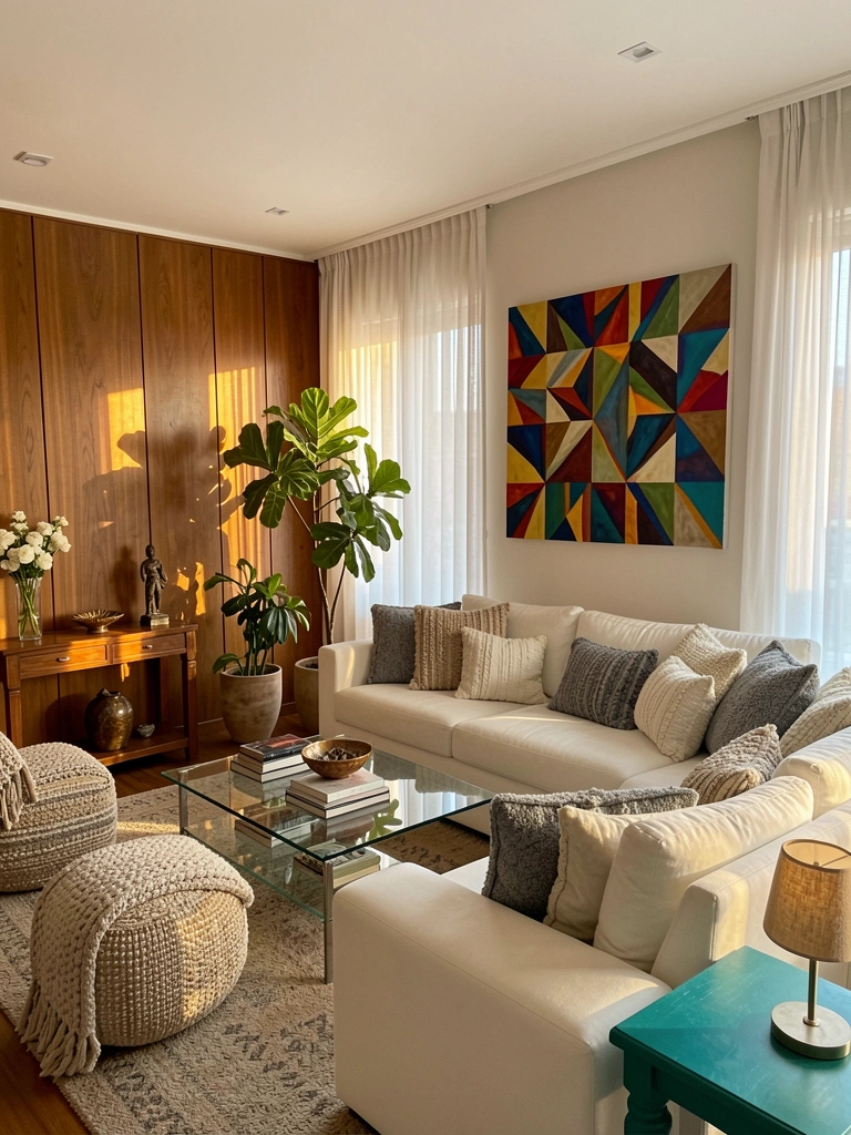 Grande sofá branco texturizado com almofadas cinza e bege, mesa de vidro com livros e tigela decorativa, quadro geométrico na parede, luz natural filtrada por cortinas.