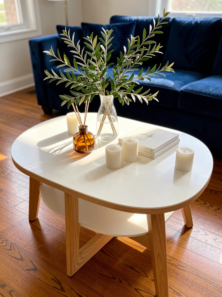 Mesa de centro oval branca com moldura de madeira clara, galho de oliveira em vaso de vidro, difusor âmbar e livros minimalistas, luz natural entrando pela janela.