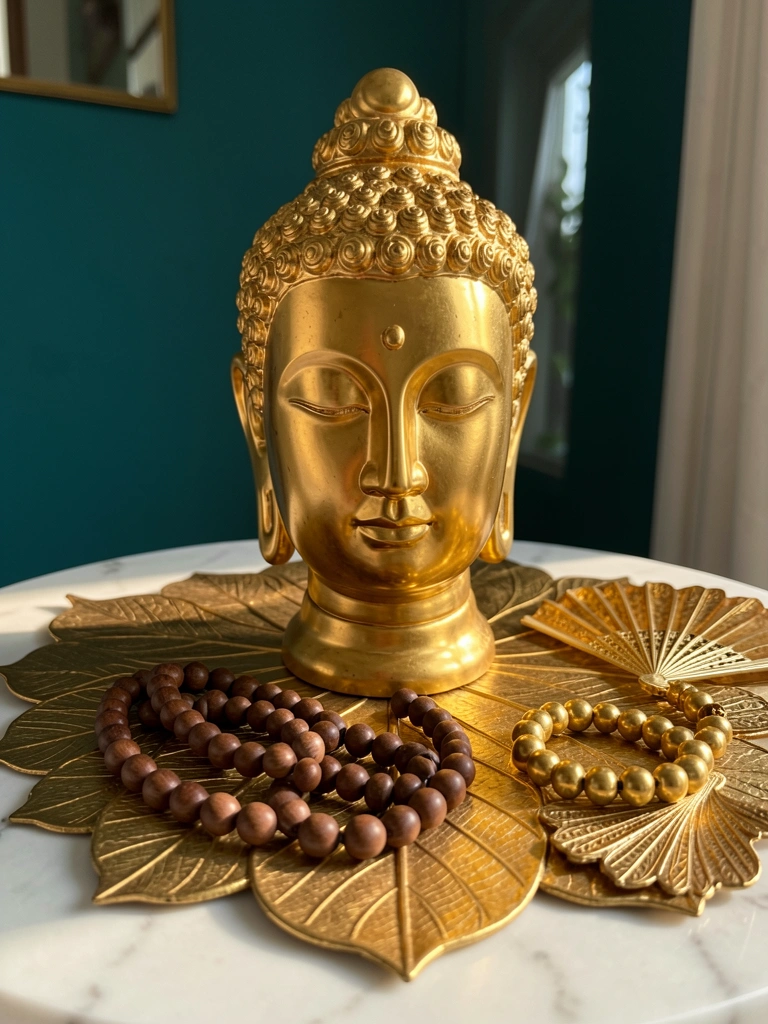 Buda dourado ornamentado sobre folha dourada texturizada em mesa de mármore branco, com colar de madeira e leque decorativo, luz natural e parede azul-petróleo escura.