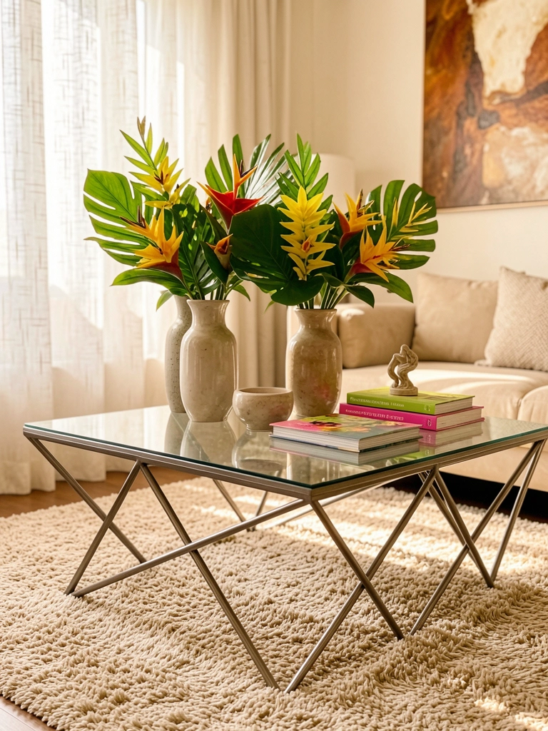 Vasos com flores tropicais amarelas e verdes sobre mesa de centro de metal geométrico, livros coloridos empilhados e escultura decorativa, luz natural suave.