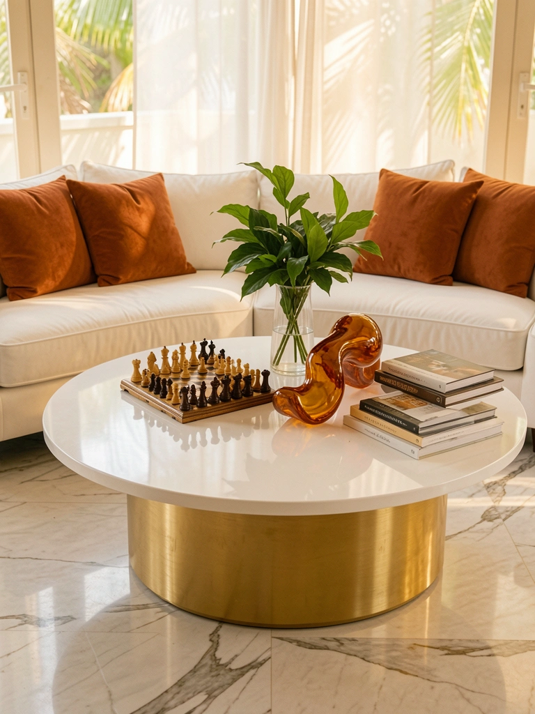 Mesa redonda branca com base dourada, tabuleiro de xadrez decorativo e vaso de vidro com planta verde, sofá branco com almofadas laranja queimado ao fundo, luz solar difusa refletida no piso de mármore.