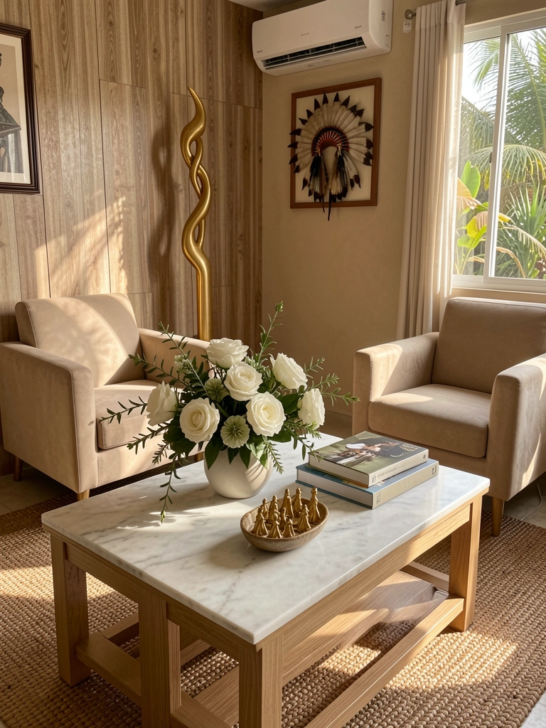 Mesa de centro de mármore branco com arranjo de rosas brancas, livros empilhados e tigela com miniaturas douradas, luz natural, poltronas bege e painel de madeira ao fundo.