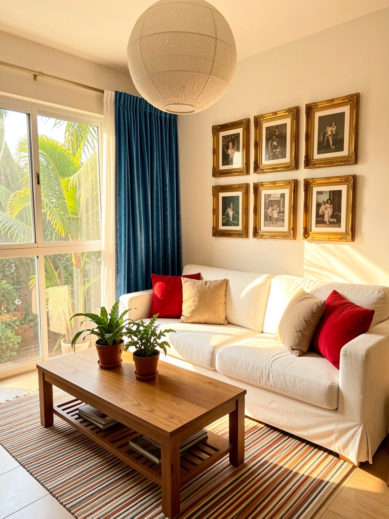 Sofá branco com almofadas vermelhas e beges, mesa de centro de madeira com dois vasos de plantas, parede com quadros emoldurados dourados e luminária pendente esférica, luz natural entrando pela janela com cortina azul.