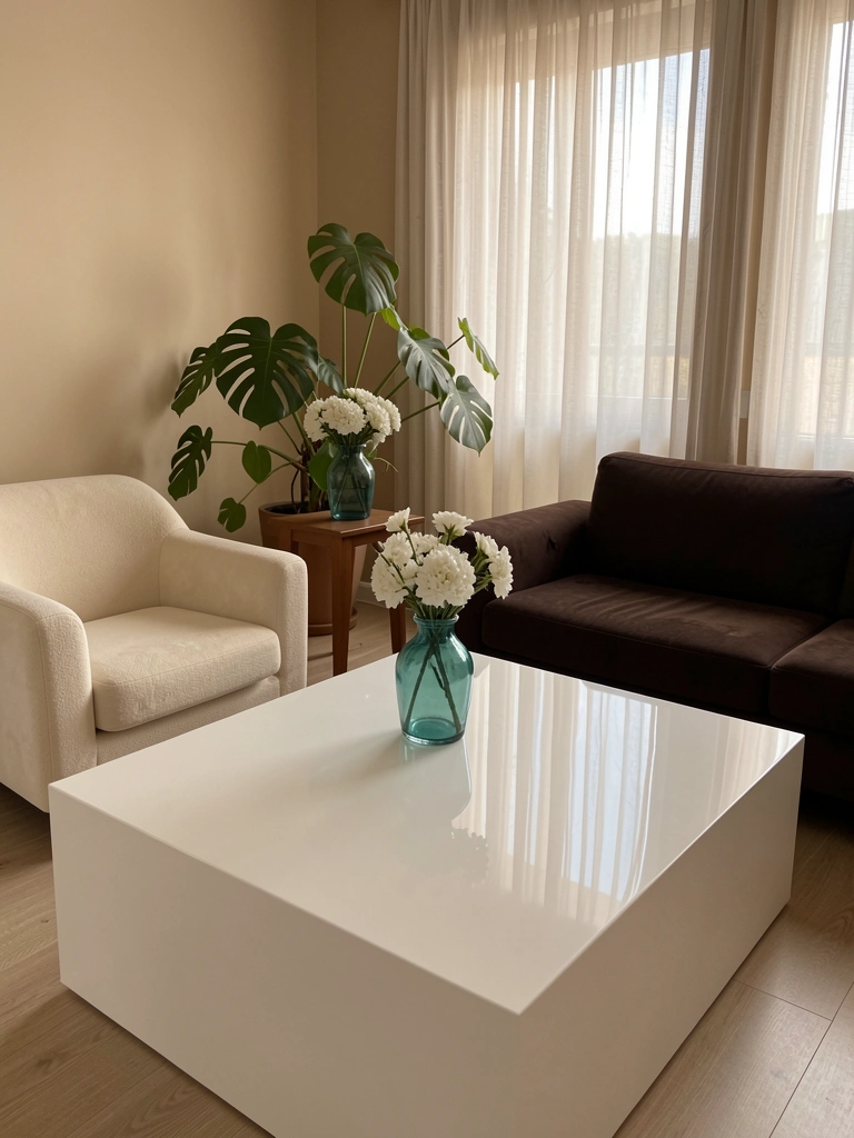 Mesa de centro branca e brilhante reflete a luz, com poltrona creme e sofá marrom ao fundo, vaso de vidro azul-petróleo com flores brancas e vaso de planta Monstera.