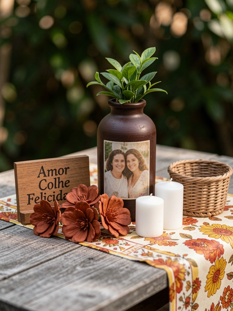 Arranjo baixo com flores variadas e velas sobre mesa de madeira.