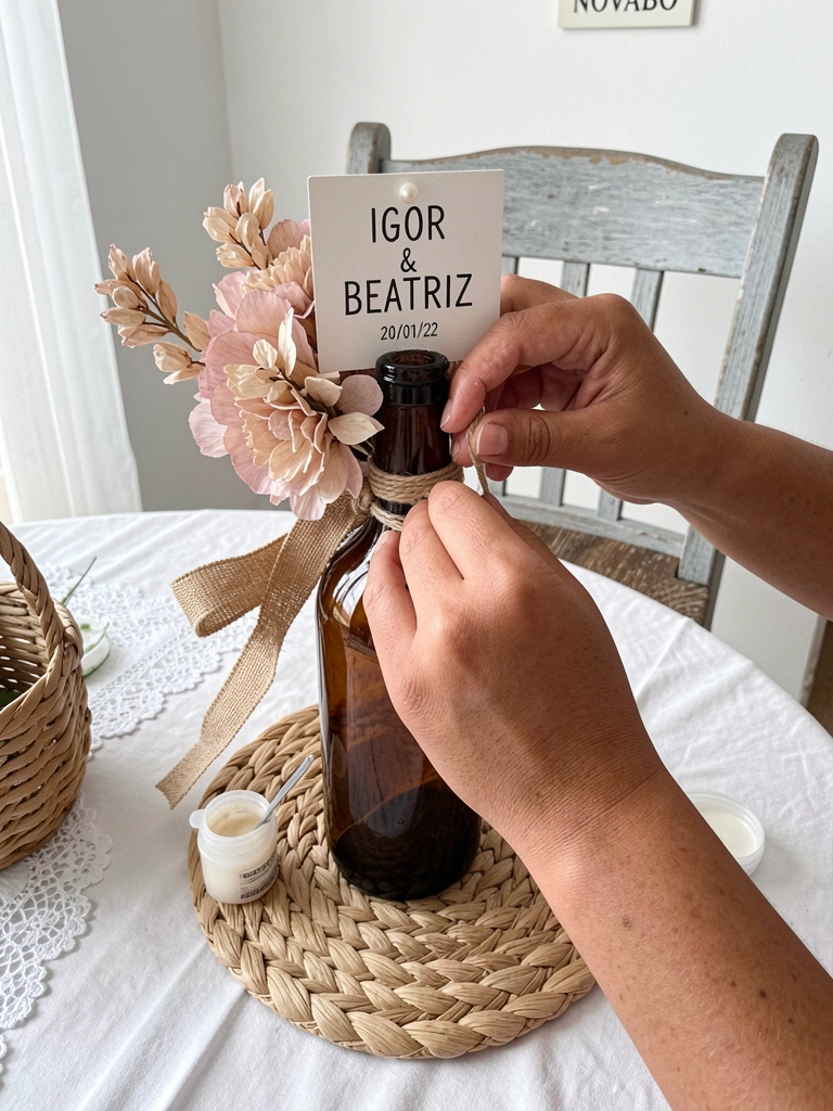 Mãos aplicando barbante com cola em um pote de vidro sobre uma mesa.
