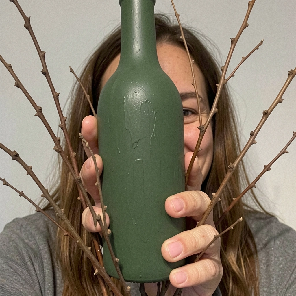 Garrafa de vinho pintada com tinta fosca ao lado de ramos secos sobre uma mesa.