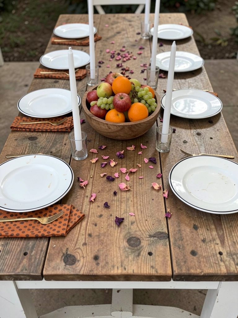 Mesa posta para jantar com velas acesas e centro de mesa de frutas variadas em uma bandeja.