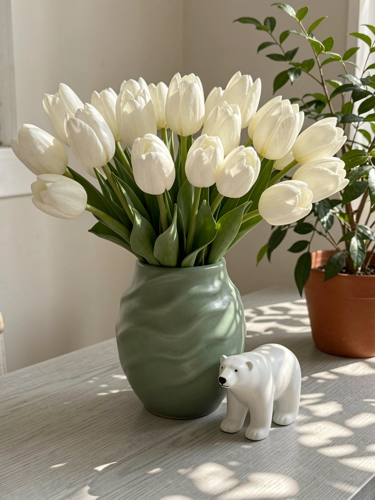 Vaso de cerâmica verde com tulipas brancas e ursinho polar de porcelana sobre mesa de madeira clara, luz natural filtrada por folhagens.