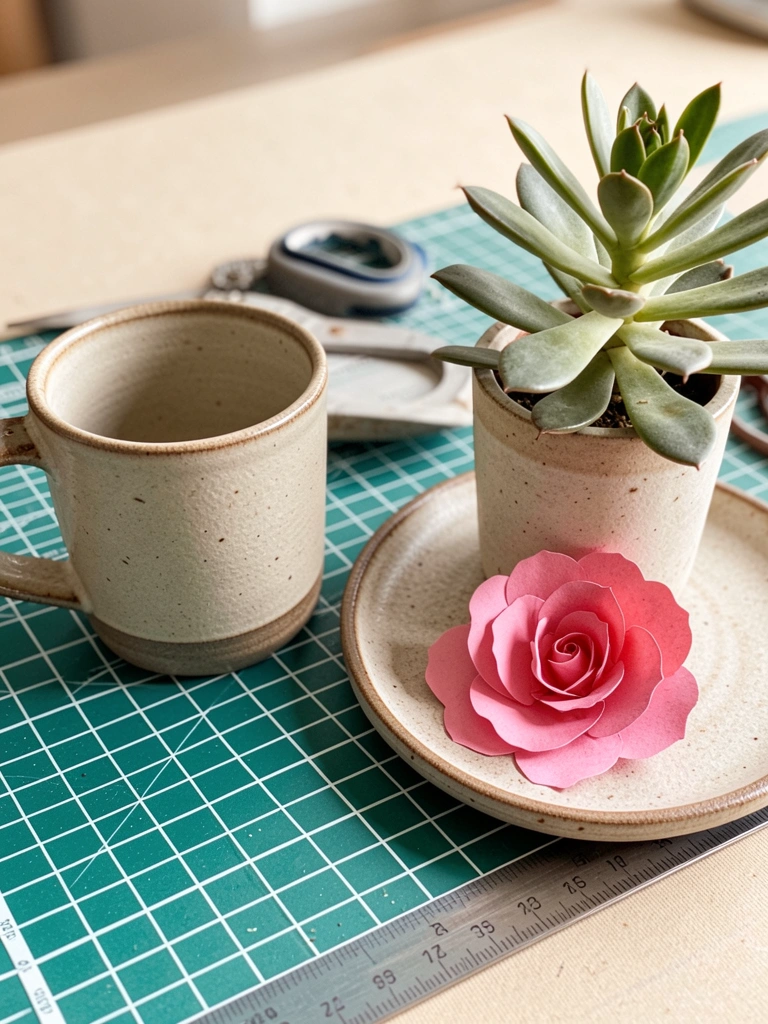 Caneca e vaso de cerâmica artesanal com suculenta, tesoura e régua sobre tapete de corte quadriculado azul-petróleo e branco, luz natural suave.